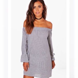NEW Petite Gingham Off The Shoulder Shift Dress